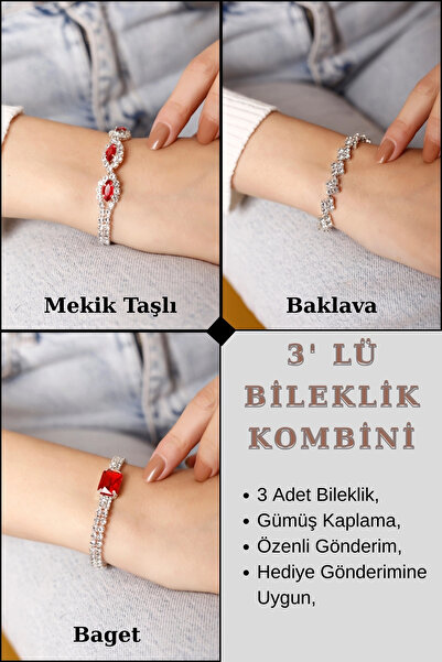 HUBANN Gümüş Kaplama Üç Kırmızı Taşlı Su Yolu Bileklik