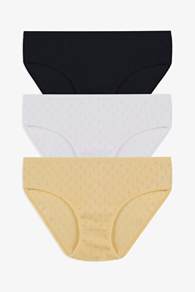 koza iç giyim Kadın 3'lü Desenli Jakarlı Pamuklu Yüksek Bel Bato