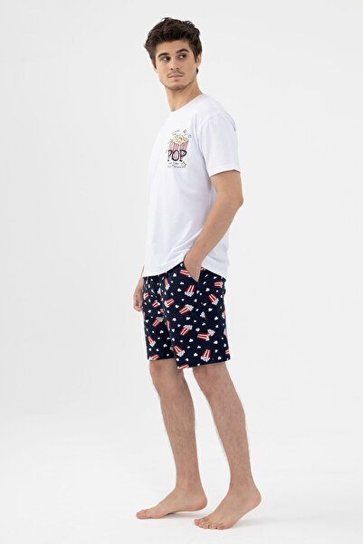 koza iç giyim Erkek Kısa Kollu Pamuklu Popcorn Desenli Şortlu Pijama Takımı