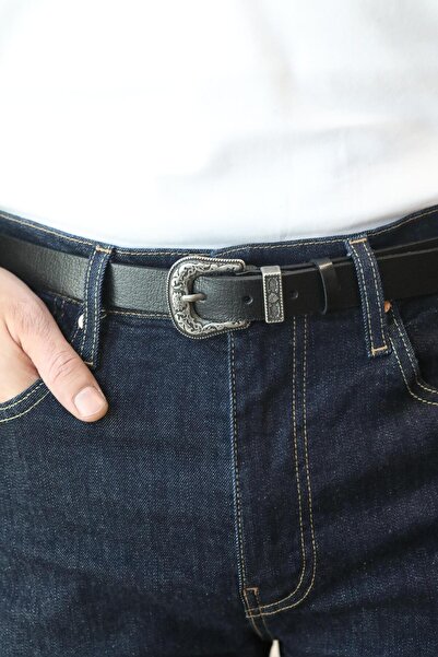 QAMER Erkek %100 Hakiki Deri 2,5 cm Köprü Uçlu Klasik Siyah Kemer