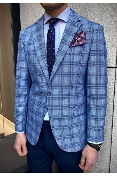 Frappoli سترة رجالية ذات قصة ضيقة منقوشة باللون الأزرق الداكن