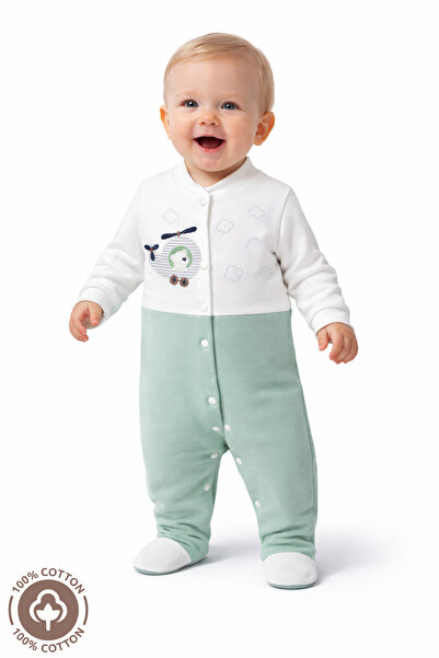 Miniel Erkek Bebek Ayıcık Nakışlı 3-6-9 Ay Penye Organik Pamuklu Patikli Bebe...