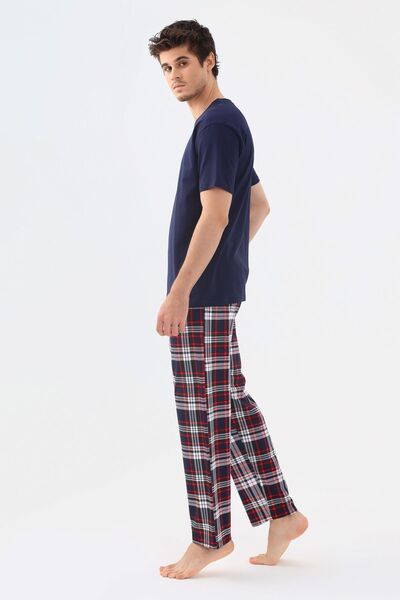 koza iç giyim Erkek Kısa Kollu Ekose Desenli Pamuklu Pijama Takımı