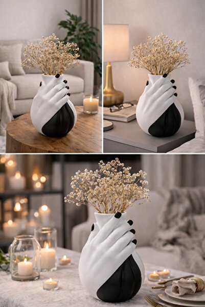 Turnberry Sonsuz Sarılma, El Boyama, Siyah, Siyah Beyaz, Sade Beyaz Vazo, Çiç...