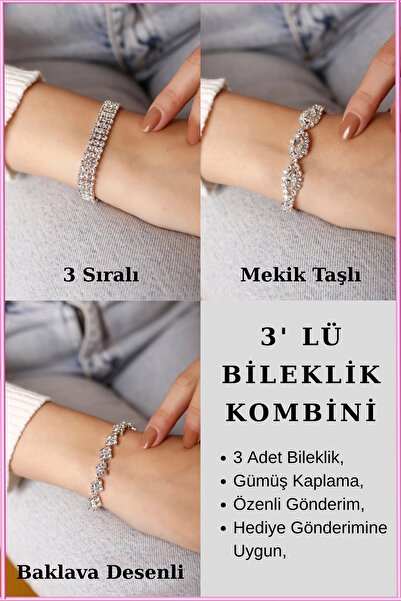 HUBANN Gümüş Kaplama 3 Sıralı Su Yolu Bileklik Kristal Bileklik Taşlı Bileklik
