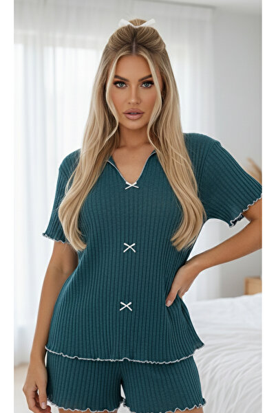 Siyah İnci petrol yeşili Mevsimlik İnce Fiyonklu Şort Takım7880