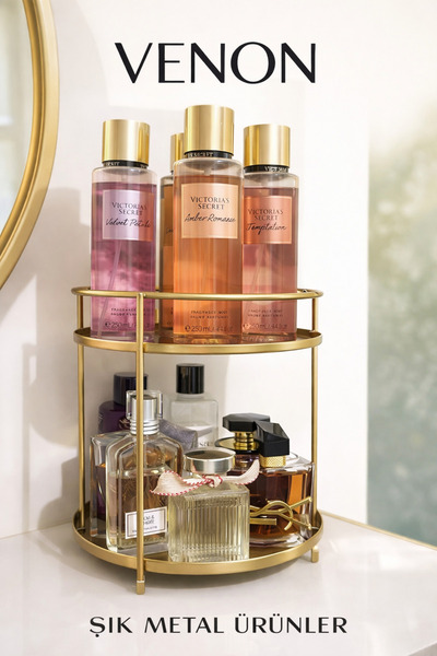 VENON MAT GOLD Banyo Kozmetik Takı Düzenleyici Çok Amaçlı Organizer 2 Katlı S...