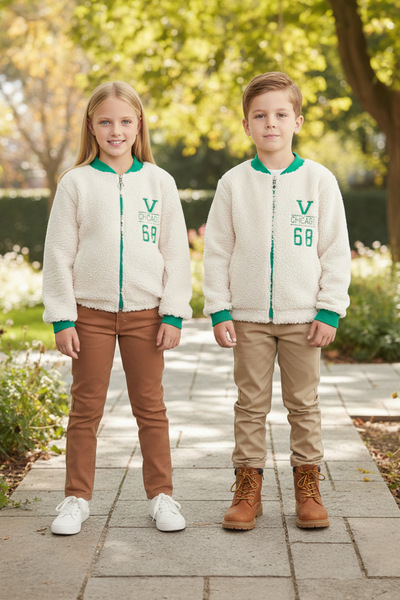 Fulla Moda Nakışlı Fermuarlı Pelüş Unisex Çocuk Kolej Mont