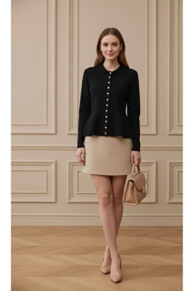 Maysev Peter Pan collar Slim Fit Long Sleeve Gold Buttoned Flounced Peplum He...