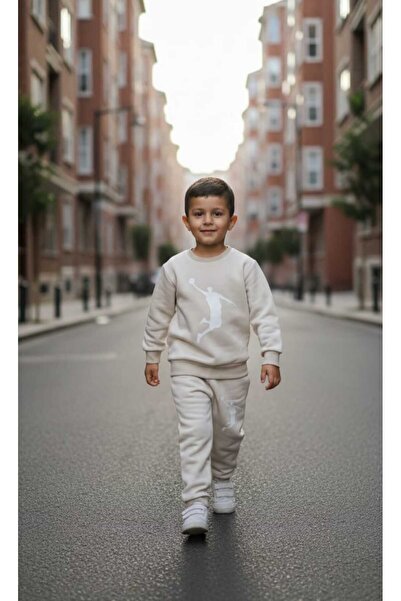 MİNİK MODA EVİ Boy's Beige Tracksuit Set Printed Sweatshirt and Elastic Bottom