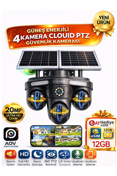 SONREİR SN2 E-SIM 4 Kameralı Çift Solar Güvenlik Kamerası Hareketli Gece Görü...