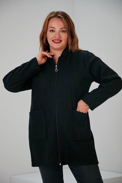 RMG Cep Detaylı Kapşonlu Büyük Beden Siyah Keçe Ceket