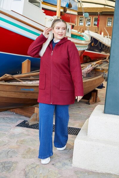 RMG Cep Detaylı Kapşonlu Büyük Beden Bordo Keçe Ceket