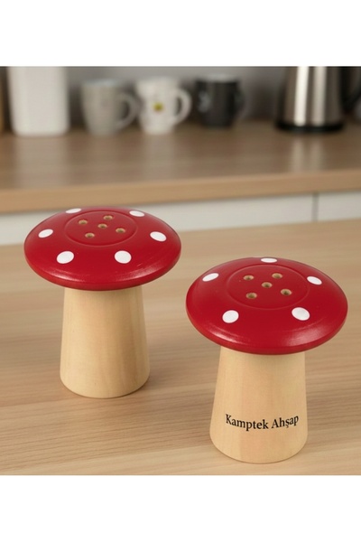 camp one Kamptek Ahşap Atolyesinden Mantar Tuzluk Biberlik 2li Set Renkli Tuz...