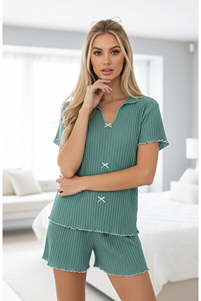 Siyah İnci Mint Green Seasonal Thin Bow Shorts Suit7880