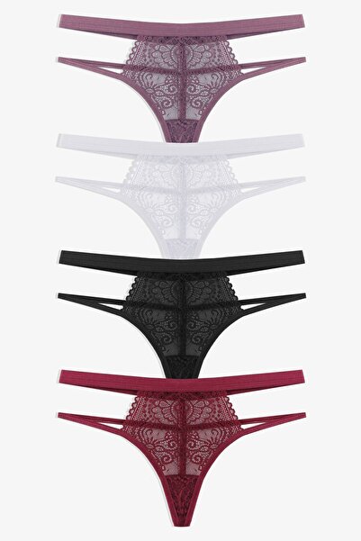 koza iç giyim Kadın 4'lü Dantelli Arka İp Detaylı Fantezi Tanga