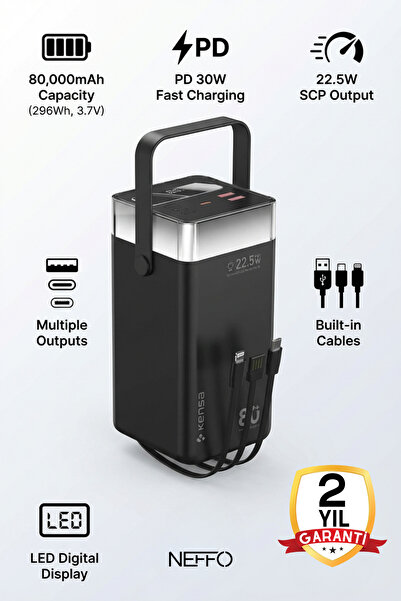 NEFFO 80.000 mAh Kapasiteli LED Işıklı Powerbank – Hızlı Şarj, USB-C & Çoklu ...