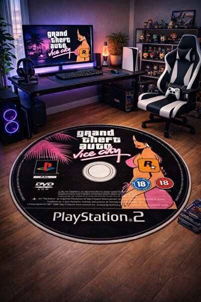 Emiroğlu GTA Vice City Oyun CD’si Şeklinde Yıkanabilir Gamer Halı–Kaymaz Taba...