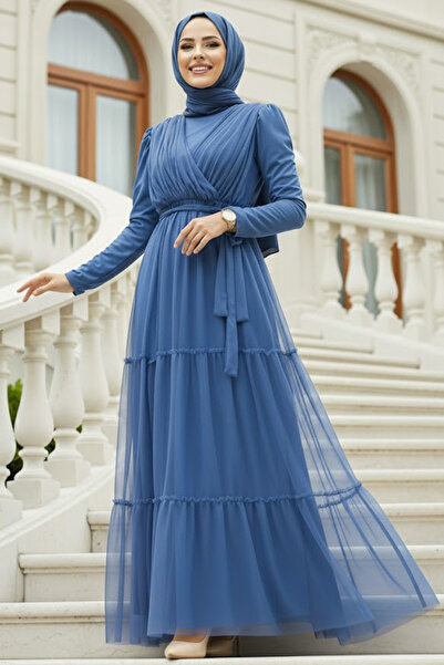 Neva Style Kat Piliseli İndigo Mavisi Tesettür Abiye Elbise 55621IM