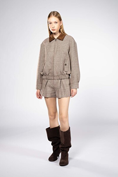 Thalure سترة بومبر نسائية بنية اللون من قماش بوتيكير