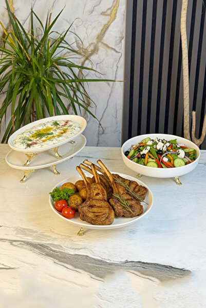 MAY HOME 4 Parça Porselen Sunum Seti &Metal Ayaklı Kase Kayık Tabak Servis Seti