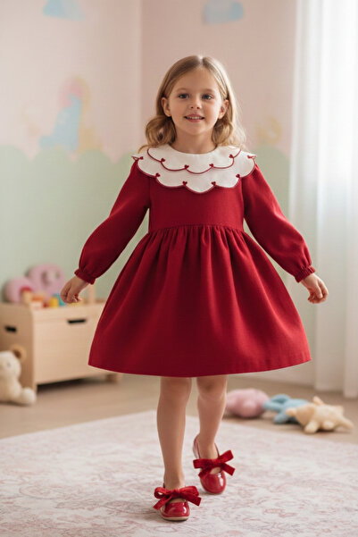 Le Mabelle Red Heart Patterned Collared Girl's Linen Dress - Vivienne