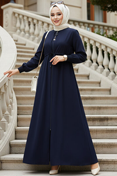 Neva Style Zippered Navy Blue Hijab Abaya 81291L