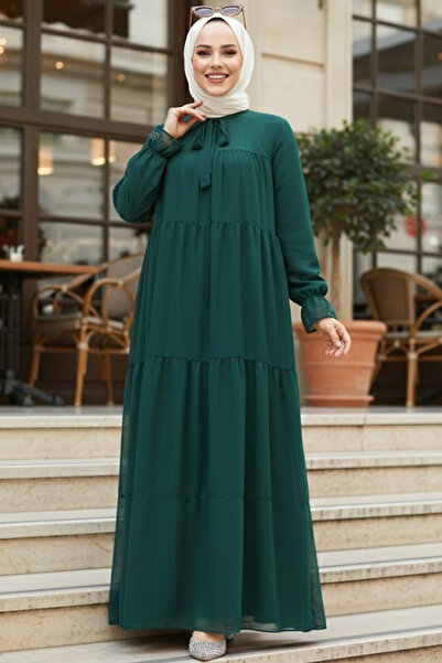 N.S NEVA STYLE Kat Piliseli Yeşil Tesettür Şifon Elbise 23601Y