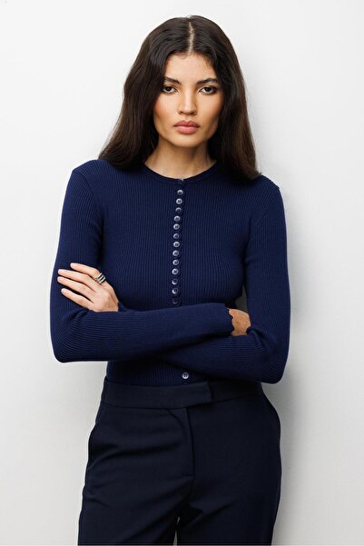 Mixray 6972 women's Corded Fabric basic knit cardigan navy blue
