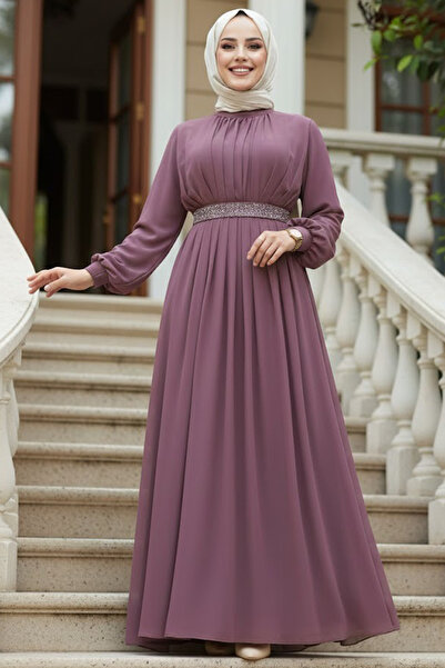 N.S NEVA STYLE Pileli Gül Kurusu Tesettür Abiye Elbise 25888GK