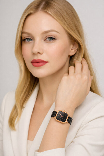 Re-Nox ساعة يد نسائية مربعة عتيقة باللون الأسود والذهبي الوردي