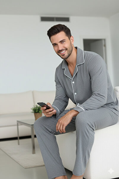 ELİTOL Erkek Uzun Kol Düğmeli Pijama Takım