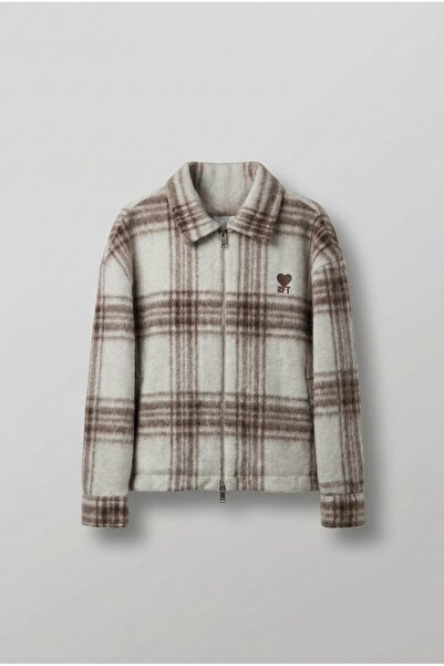 ablukaonline Men's Oversize Zippered Plaid Patterned Jacket Beige