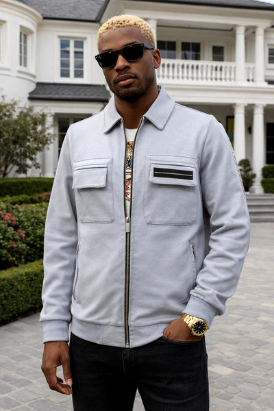 BESSA Men's Gray Tracksuit Top with Zippered Side Pocket Lined Inner Design P...