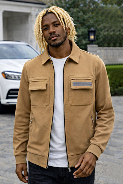 BESSA Men's Tan Bomber Jacket - Zip-Up, Lining and Flap Pockets