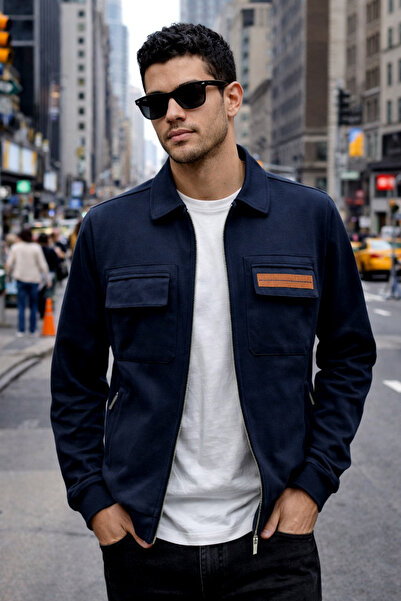 BESSA Men's Navy Blue Bomber Jacket - Zip-Up, Lining, and Pockets