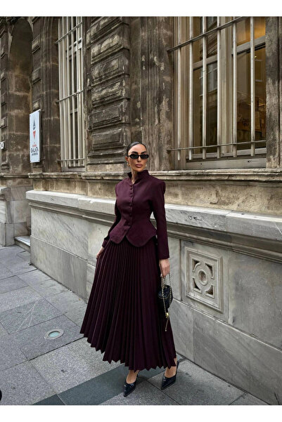 Diemmood طقم تنورة طويلة وسترة للنساء مع تفاصيل مطرزة وأزرار وطيات عند الخصر