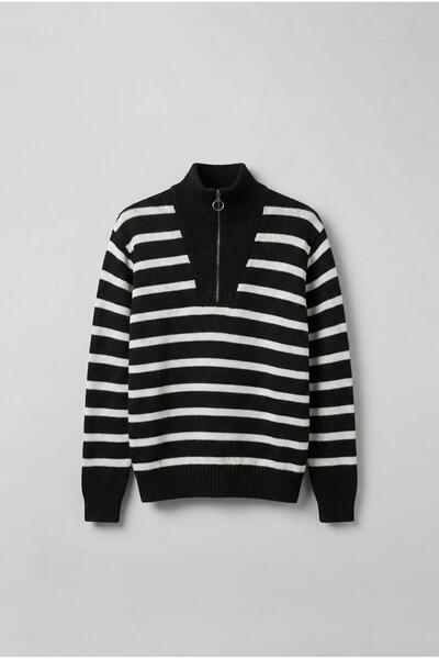 ablukaonline Чоловічий светр з великим розміром, на блискавці, в смужку, чорний