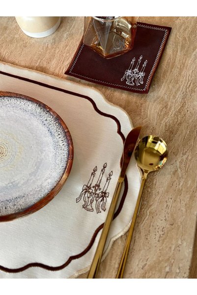LİONYA DESİGN 4 Piece 2-Person Candlestick Embroidered Tableware Set (2 American Servings 43X30 + 2 Cocktail Napkins 14X14)