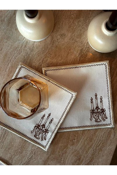 LİONYA DESİGN 4 Piece 2-Person Candlestick Embroidered Tableware Set (2 American Servings 43X30 + 2 Cocktail Napkins 14X14)