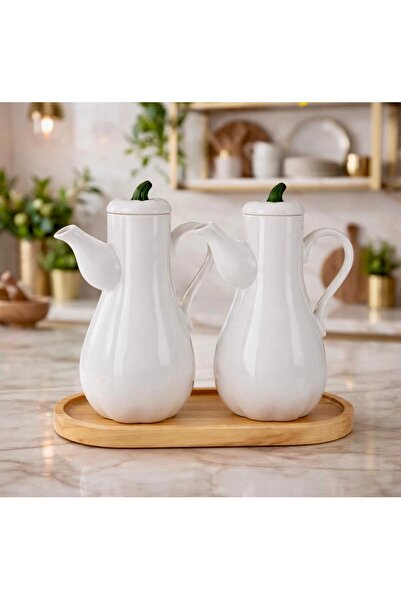 Pembelia Life Bambu Standlı 2’Li Porselen Beyaz Bal Kabak Model Yağdanlık Set...