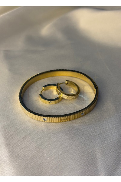 stainles steel Paslanmaz Çelik Gold Zirkon Taşlı Marka Bilezik ve Küpe Seti