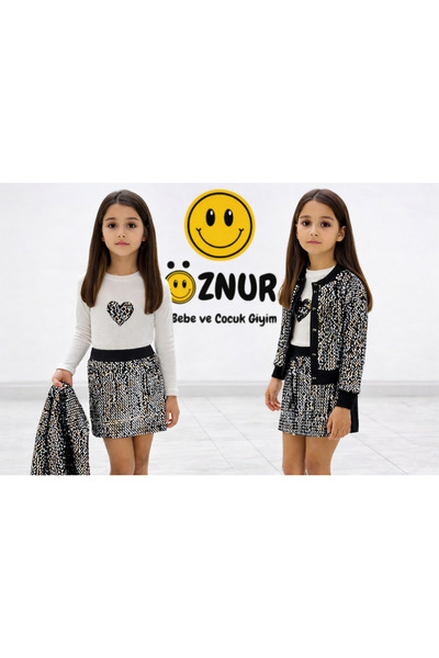 ÖZNUR Kalp Nakışlı Pullu Ceketli Üçlü Kız Takım