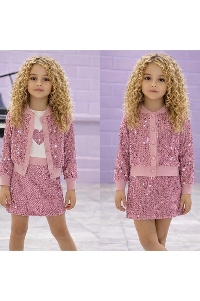 ÖZNUR Kalp Nakışlı Pullu Ceketli Üçlü Kız Takım