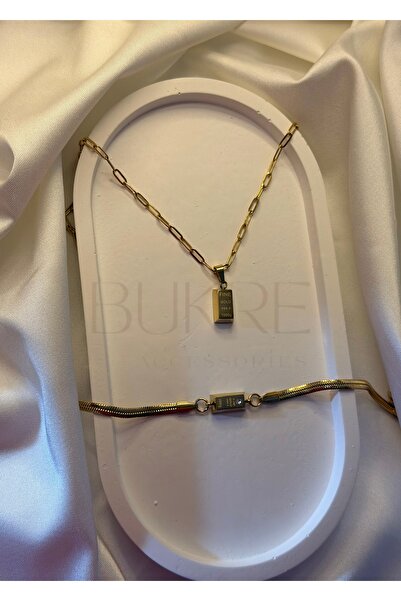 stainles steel Paslanmaz Çelik Gold-Altın Külçe Kolye ve Bileklik Seti