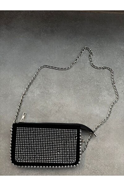 Larolina Stores Siyah Süet Kadın Zımbalı Çapraz Taş Detaylı Zincir Askılı El ...