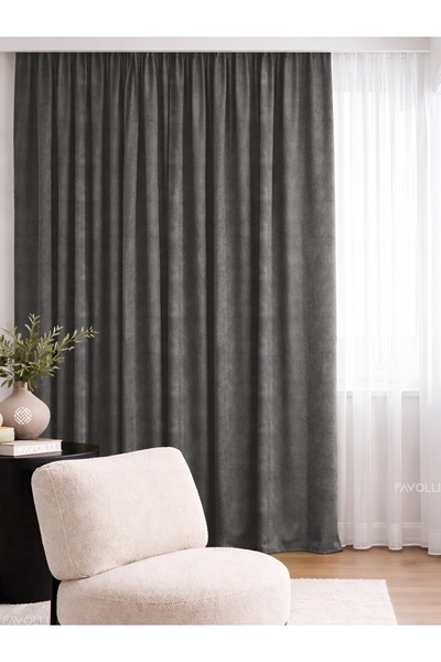 FAVOLLİ Kadife Dokulu Gri Ada Fon Perde Ekstrafor Büzgülü Dream Series
