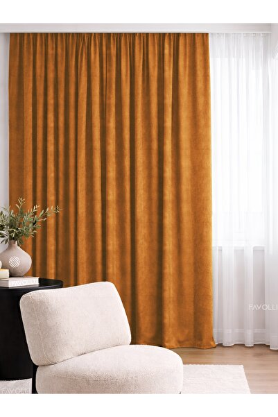 FAVOLLİ Orange Island Background Velvet Textured Curtain Array with Extra Clo...