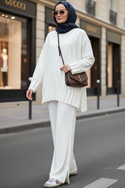 Aselim Hijap Moda Alisa Pileli Premium Modal Kumaş Tesettür İkili Takım – Ekru