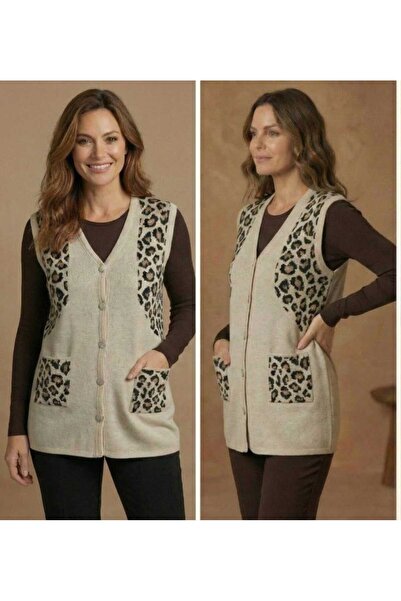 onno style woman Silvery Leopard Print Knitwear Classic Buttoned Vest